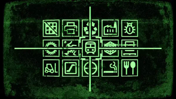 Machine Party official screenshot: CRT simulation select screen with green industrial icons