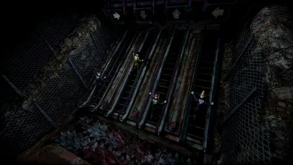 Machine Party official screenshot: 4 players racing up conveyor stairs over a pit of hazards